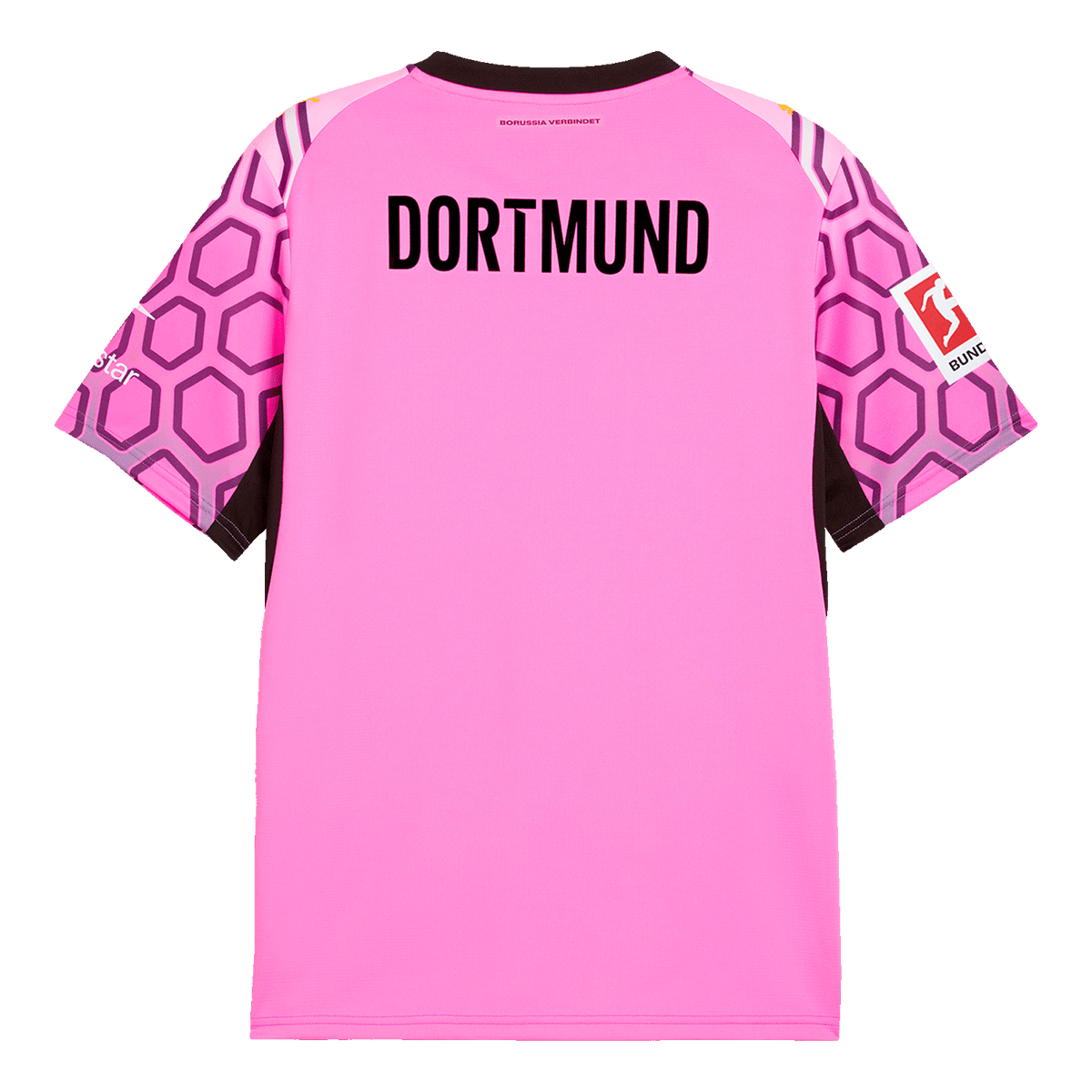 Maglia da portiere del BVB viola stagione 26-27, vista posteriore con la scritta “DORTMUND”, logo della Bundesliga sulla manica e motivo grafico.