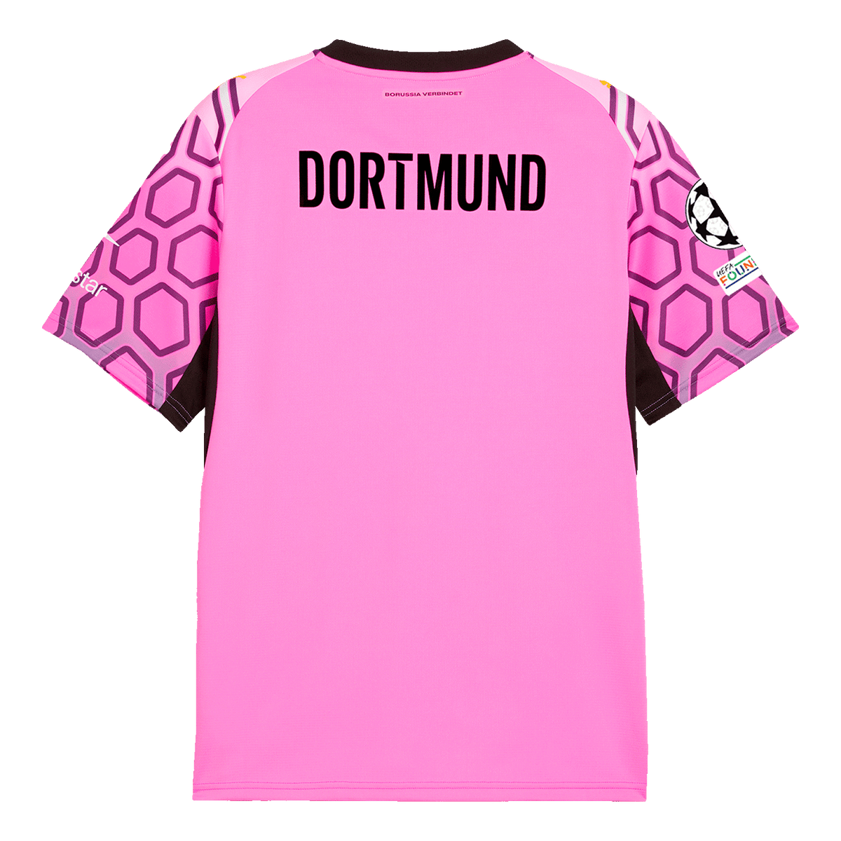 Rear view of the purple BVB goalkeeper jersey (26-27) with black "Dortmund" lettering and a geometric sleeve design.