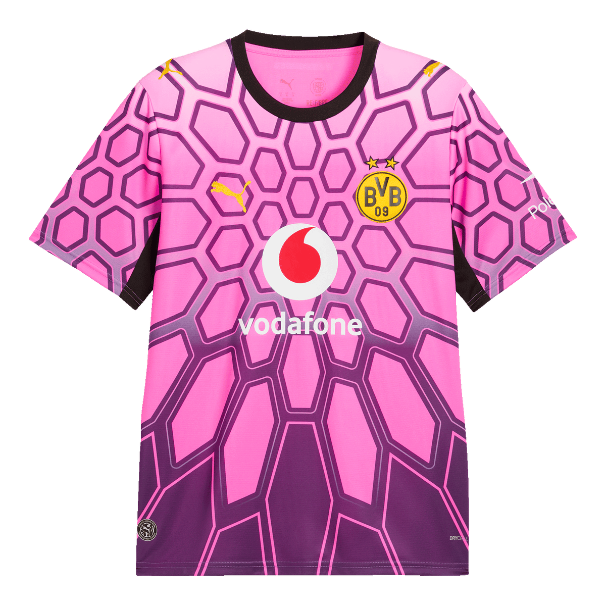 Borussia Dortmund goalkeeper jersey in a purple-pink design from the 26-27 season, featuring the Vodafone logo, the PUMA cat, and the BVB logo; front view.