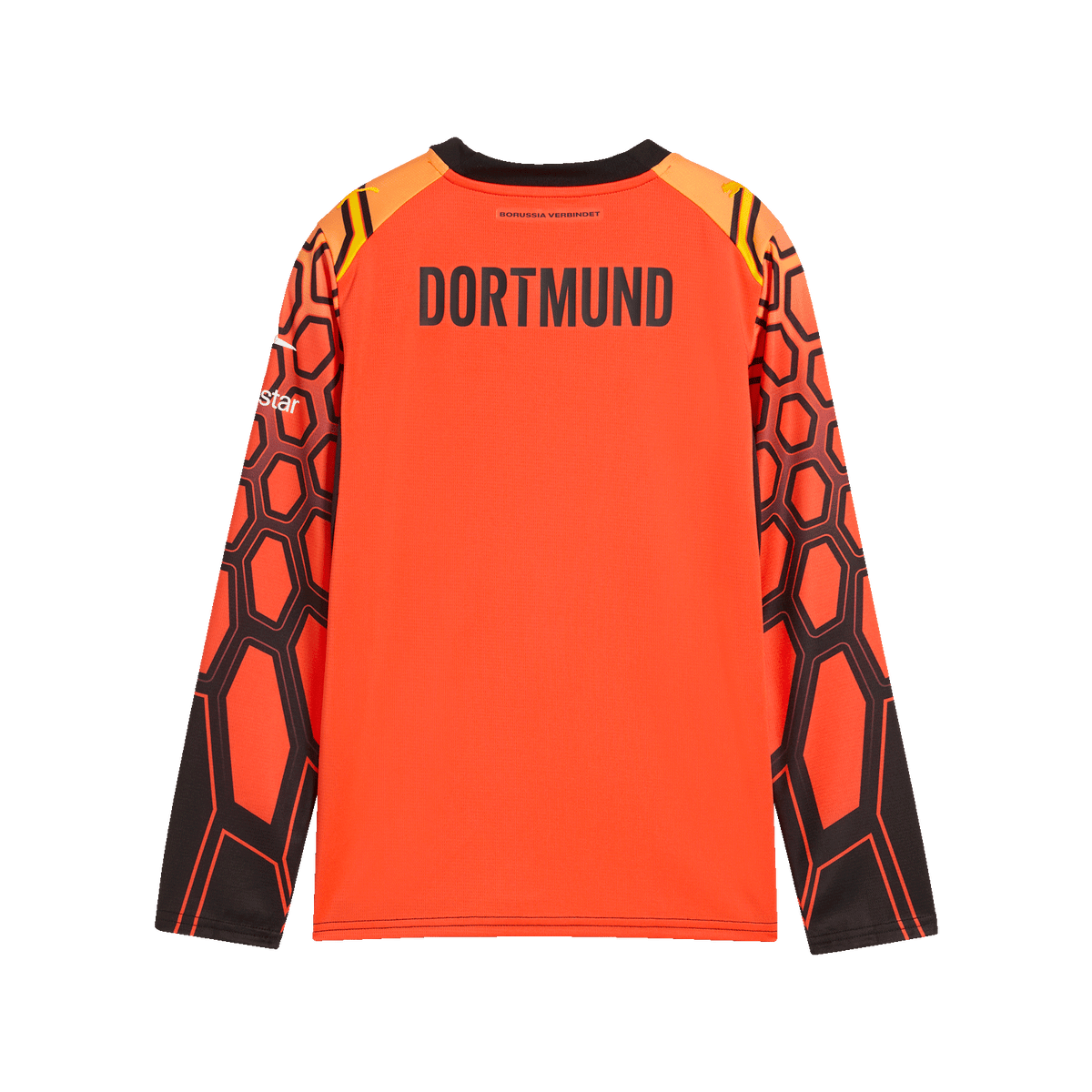 Rückansicht des BVB Torwarttrikots 26/27 in Rot für Kinder, mit schwarzen und orangefarbenen Ärmelmustern sowie 'DORTMUND'-Schriftzug auf dem Rücken.