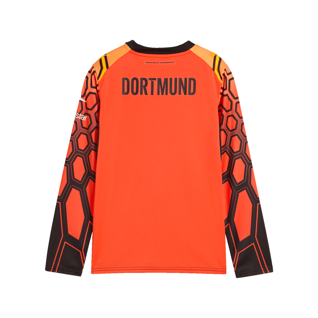 Rear view of the BVB 26/27 goalkeeper jersey in red for kids, featuring black and orange sleeve patterns and "DORTMUND" lettering on the back.