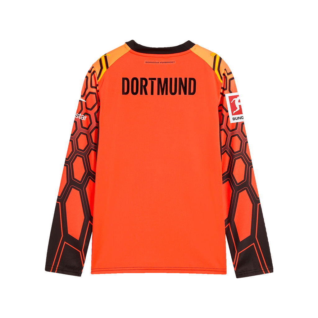 Camiseta de portero infantil del BVB, número 26-27, con la espalda roja y detalles en negro y naranja, de manga larga, con la inscripción «DORTMUND» y el logotipo del patrocinador.