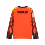 Camiseta de portero infantil del BVB, número 26-27, con la espalda roja y detalles en negro y naranja, de manga larga, con la inscripción «DORTMUND» y el logotipo del patrocinador.