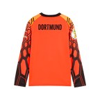 Red BVB goalkeeper jersey for kids from the 26-27 season with "DORTMUND" lettering on the back, long sleeves, and an eye-catching pattern on the sleeves.