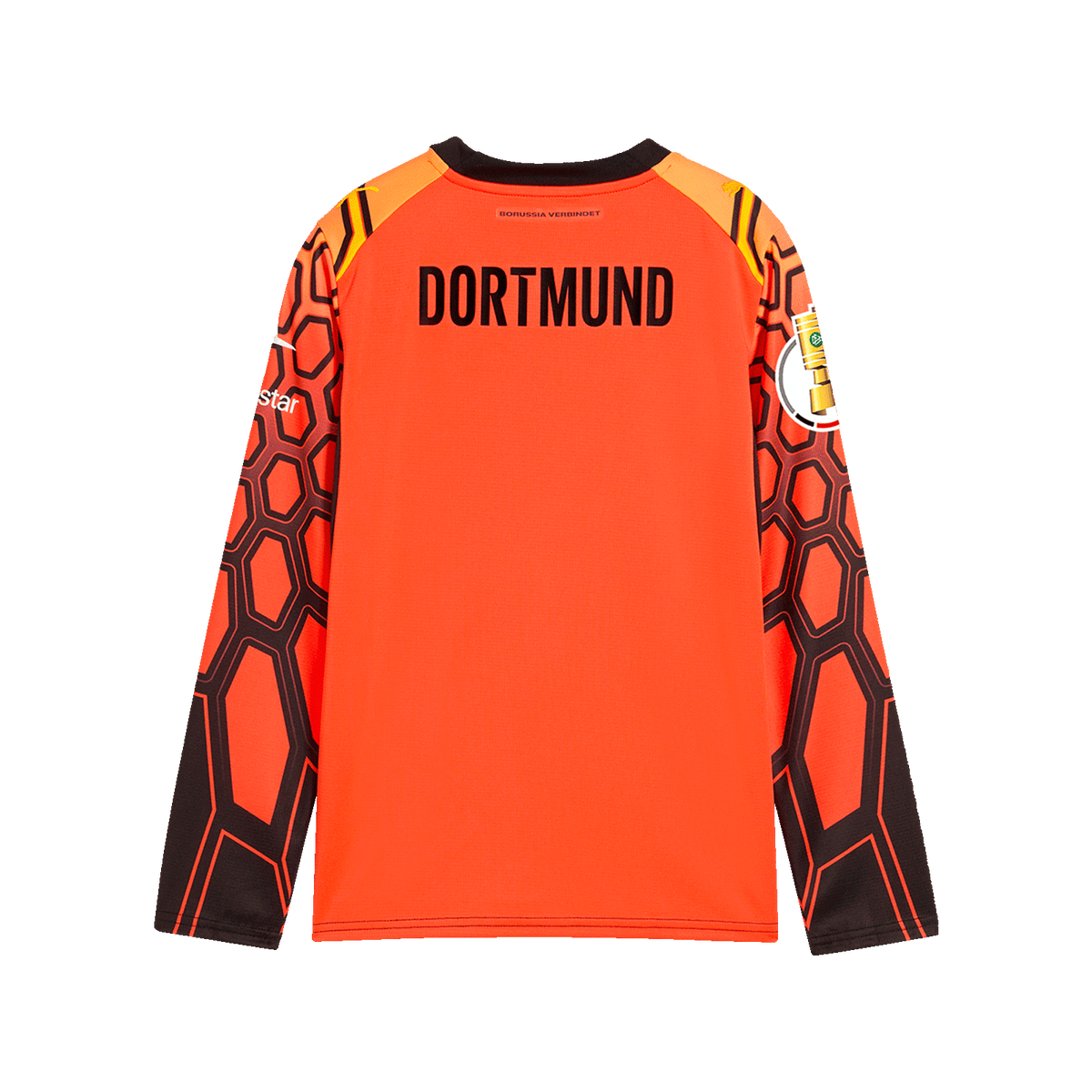 Red BVB goalkeeper jersey for kids from the 26-27 season with "DORTMUND" lettering on the back, long sleeves, and an eye-catching pattern on the sleeves.