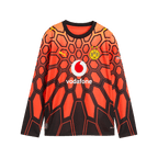 Long-sleeved BVB goalkeeper jersey for kids in red with a black geometric pattern, the BVB emblem, the PUMA logo, and the Vodafone logo on the front.