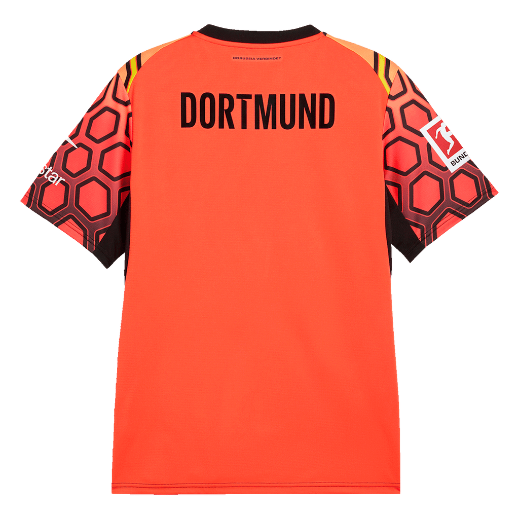 Red BVB goalkeeper jersey 26-27, back view, featuring "DORTMUND" lettering, a dynamic design on the sleeves, and the Bundesliga logo.