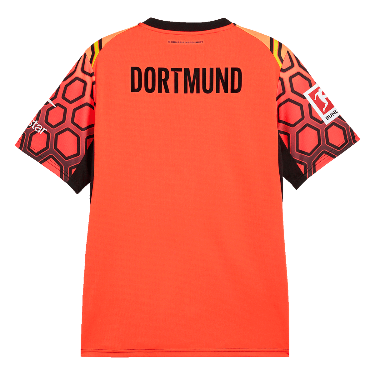 Red BVB goalkeeper jersey 26-27, back view, featuring "DORTMUND" lettering, a dynamic design on the sleeves, and the Bundesliga logo.