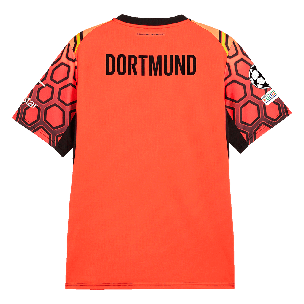 Red BVB goalkeeper jersey for the 2026/27 season with black "DORTMUND" lettering on the back, a hexagonal sleeve pattern, and PUMA and Polestar brand logos.