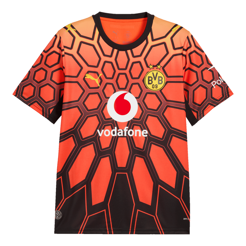 The red BVB goalkeeper jersey for the 2026–2027 season, featuring a black pattern, a black collar, the BVB emblem, the PUMA logo, and the Vodafone logo, as seen from the front.