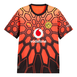 The red BVB goalkeeper jersey for the 2026–2027 season, featuring a black pattern, a black collar, the BVB emblem, the PUMA logo, and the Vodafone logo, as seen from the front.