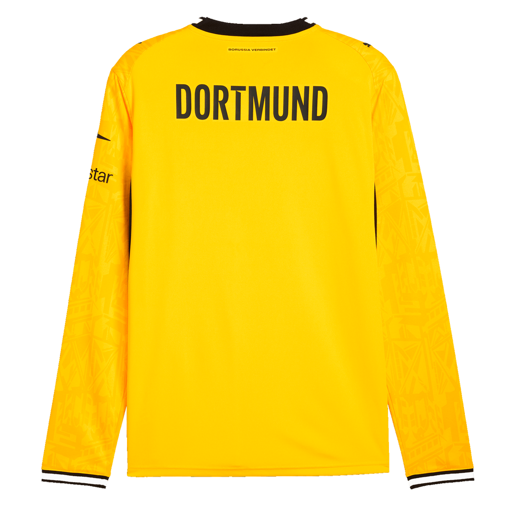 Vue de dos du maillot domicile jaune à manches longues du BVB pour la saison 2026/2027, avec un motif noir et jaune et l'inscription « Dortmund » dans le dos.