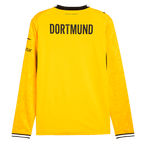 Vue de dos du maillot domicile jaune à manches longues du BVB pour la saison 2026/2027, avec un motif noir et jaune et l'inscription « Dortmund » dans le dos.