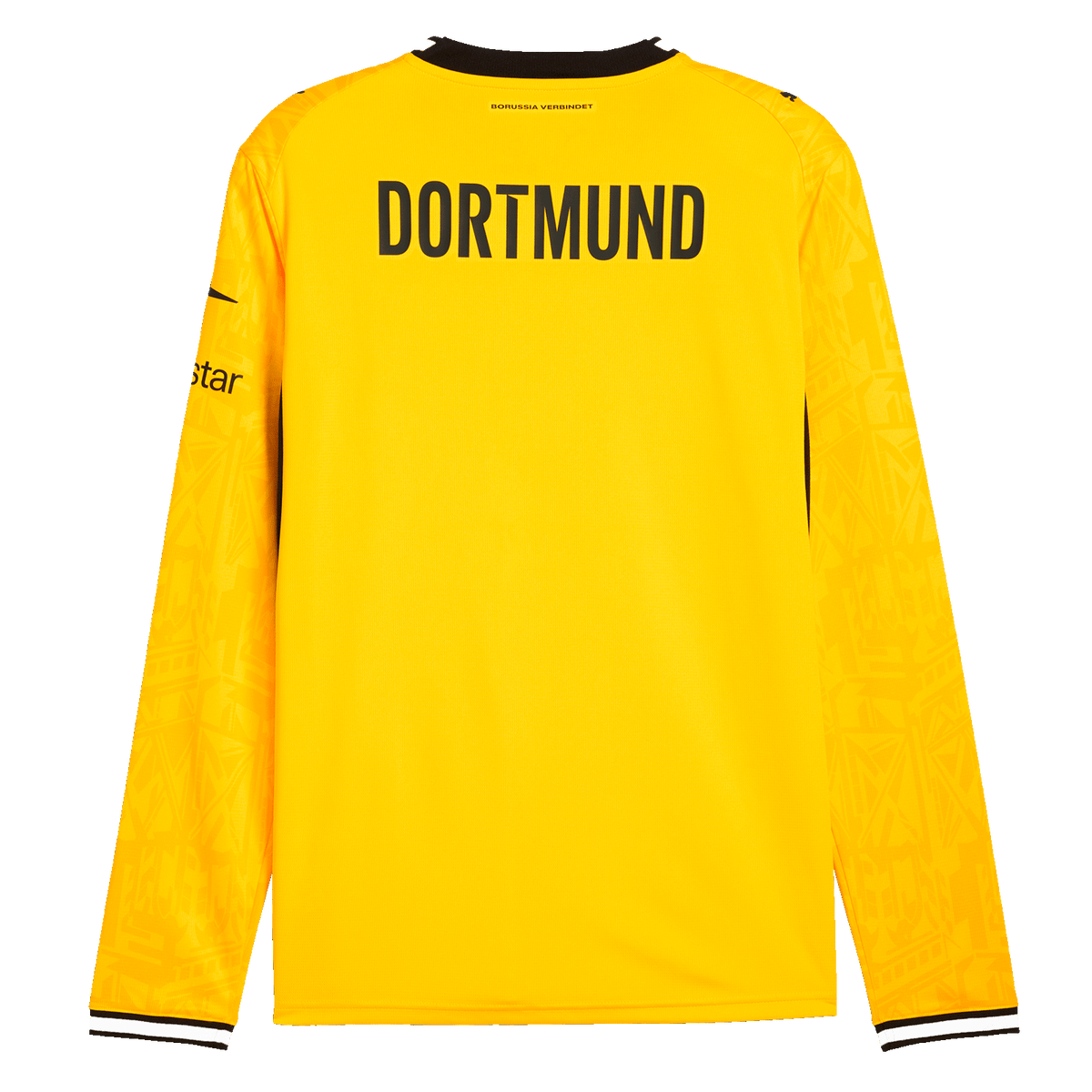 Rückansicht des gelben langärmligen BVB-Heimtrikots 2026/2027 mit schwarzgelbem Design und Dortmund-Schriftzug auf der Rückseite.