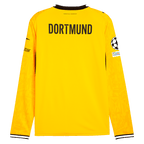 Maillot domicile jaune du BVB 26-27 à manches longues, vu de dos, avec l'inscription « DORTMUND » dans le dos, le logo Polestar, l'écusson de la Fondation de l'UEFA et le logo PUMA.