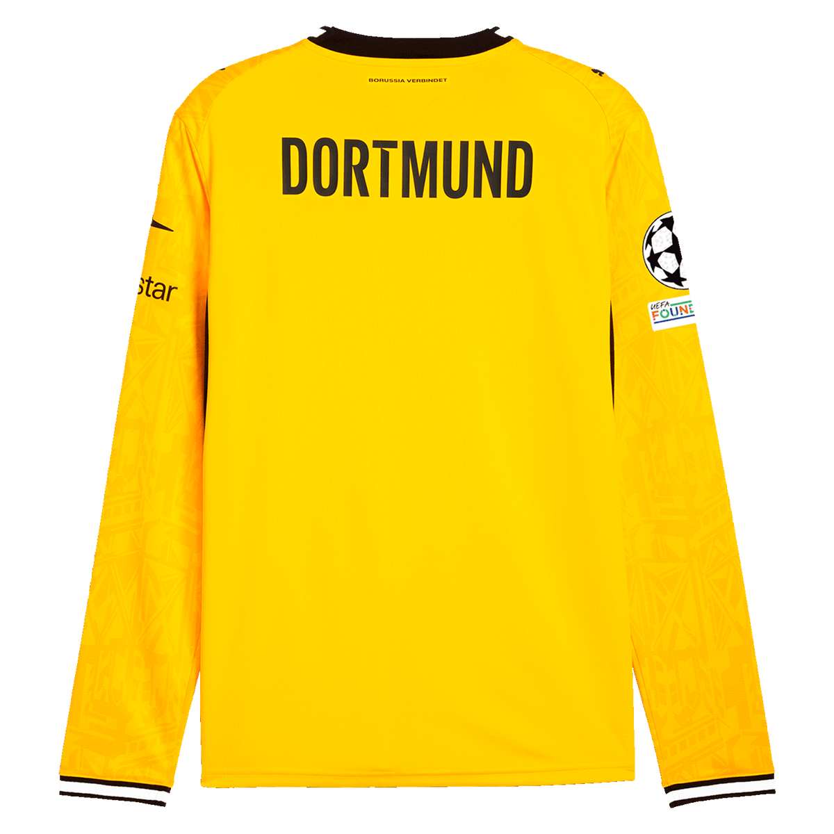 Maillot domicile jaune du BVB 26-27 à manches longues, vu de dos, avec l'inscription « DORTMUND » dans le dos, le logo Polestar, l'écusson de la Fondation de l'UEFA et le logo PUMA.