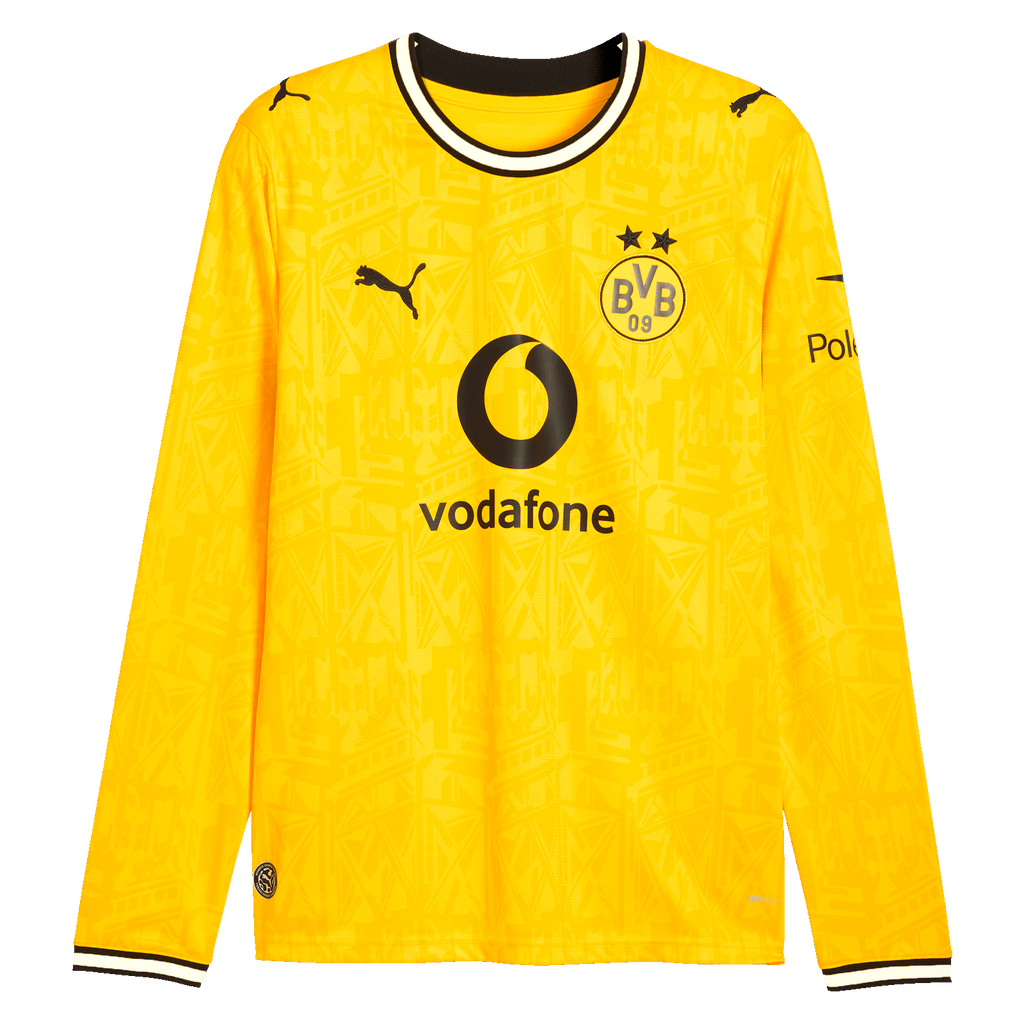 Maillot domicile jaune à manches longues du BVB pour la saison 26-27. Avec le logo PUMA, l'emblème du BVB, les logos Vodafone et Polestar, ainsi que des détails noir et blanc au niveau du col et des manches.