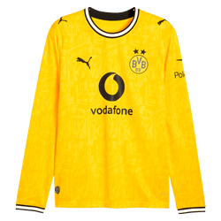 Camiseta amarilla de manga larga del BVB para los partidos en casa de la temporada 26-27. Con el logotipo de PUMA, el escudo del BVB y los logotipos de Vodafone y Polestar, así como detalles en blanco y negro en el cuello y las mangas.