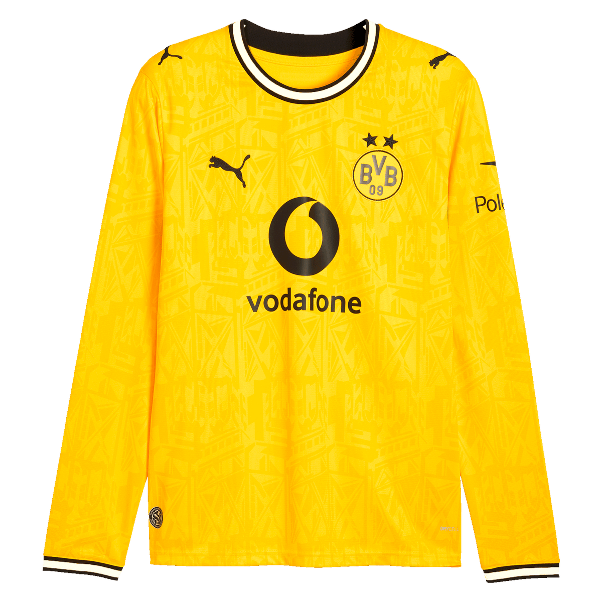 Gelbes langarm BVB Heimtrikot für die Saison 26-27. Mit PUMA-Logo, BVB-Emblem, Vodafone- und Polestar-Logos sowie schwarzweißen Kragen- und Ärmel-Details.