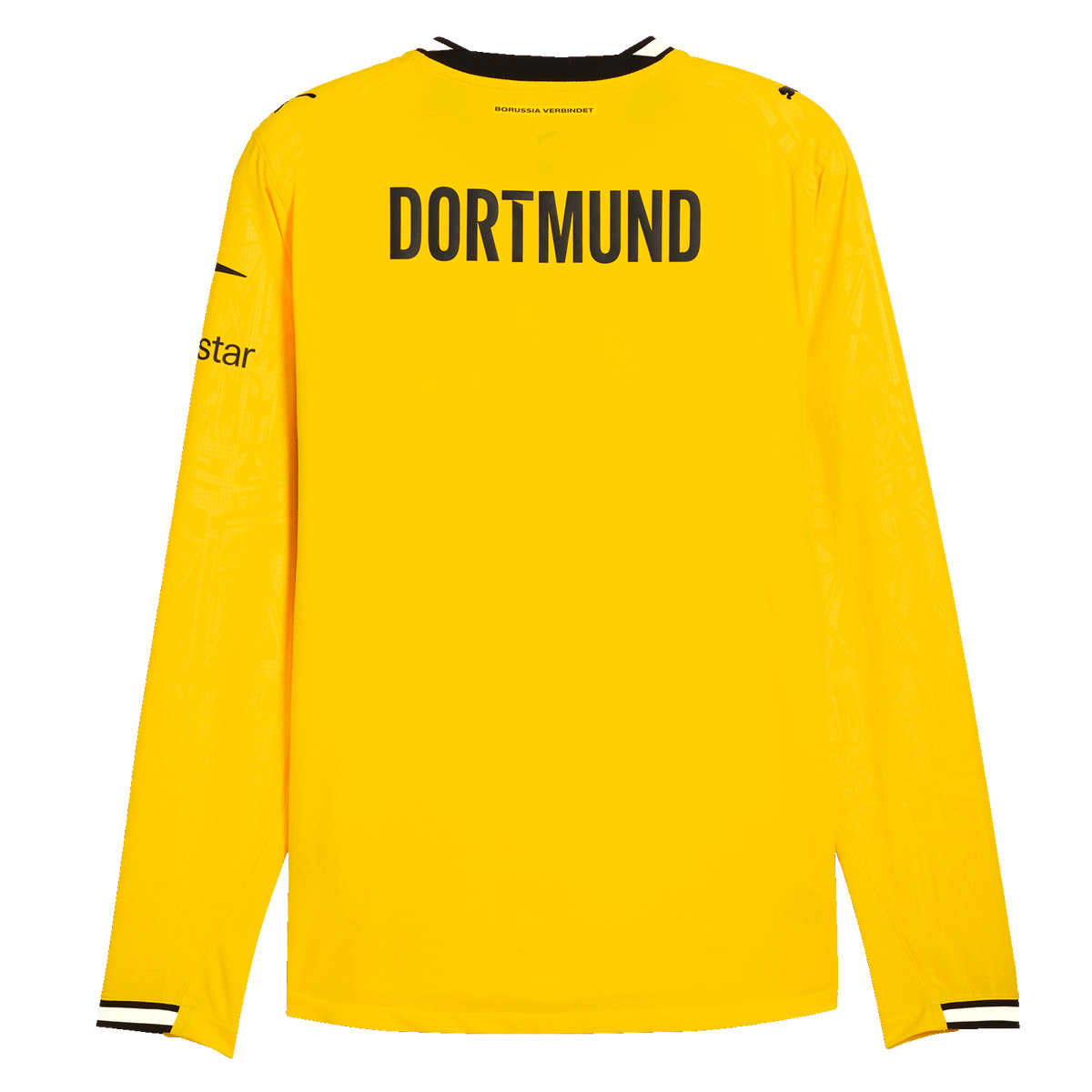 Rückansicht des schwarzgelben langärmeligen BVB-Heimtrikots für die Saison 2026/2027, mit 'DORTMUND'-Schriftzug auf der Rückseite.