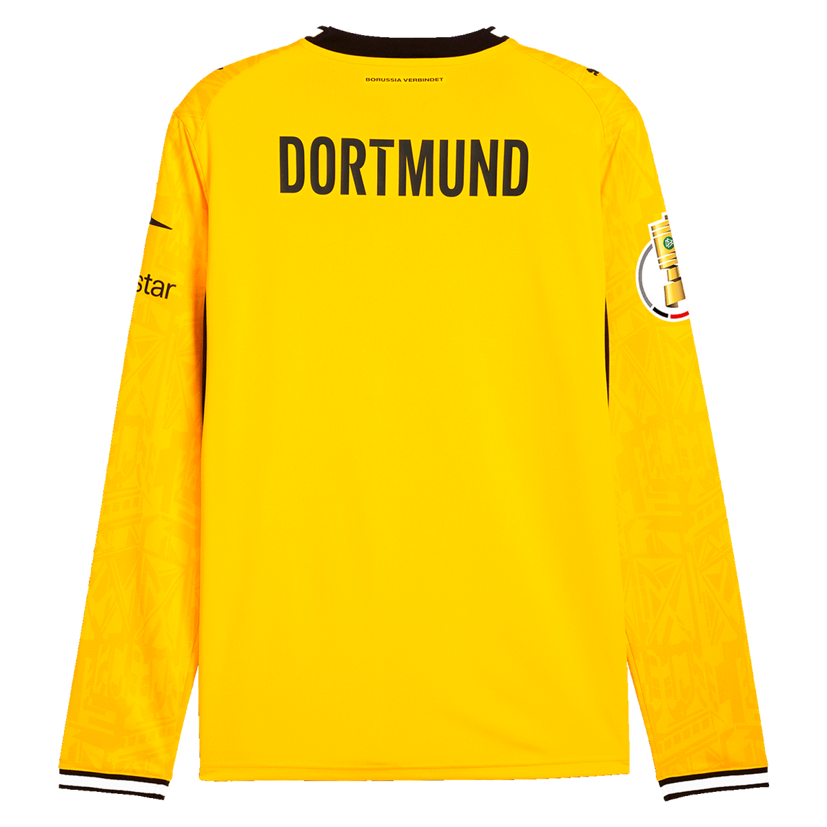 Rückansicht des gelben BVB-Heimtrikots 26-27 Authentic mit schwarzen Details, DFB-Pokal-Logo auf dem rechten Ärmel und Polestar-Logo am linken Ärmel.