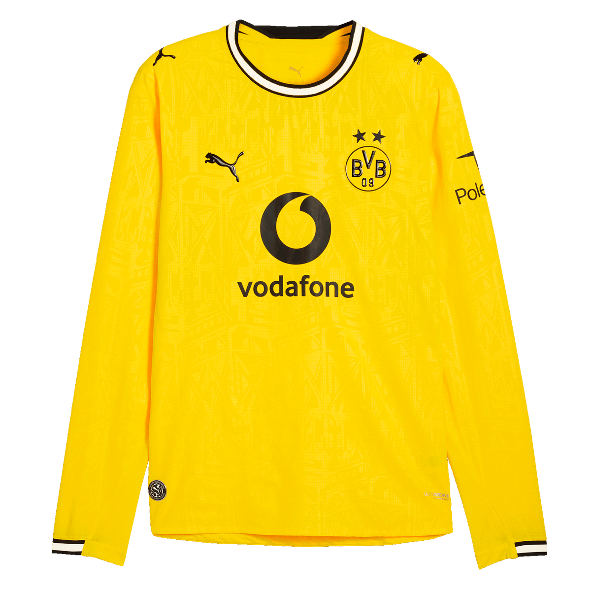 Das langärmlige BVB-Heimtrikot 26/27 in schwarzgelb mit PUMA-Logo, BVB-Emblem und Vodafone-Logo auf der Vorderseite.