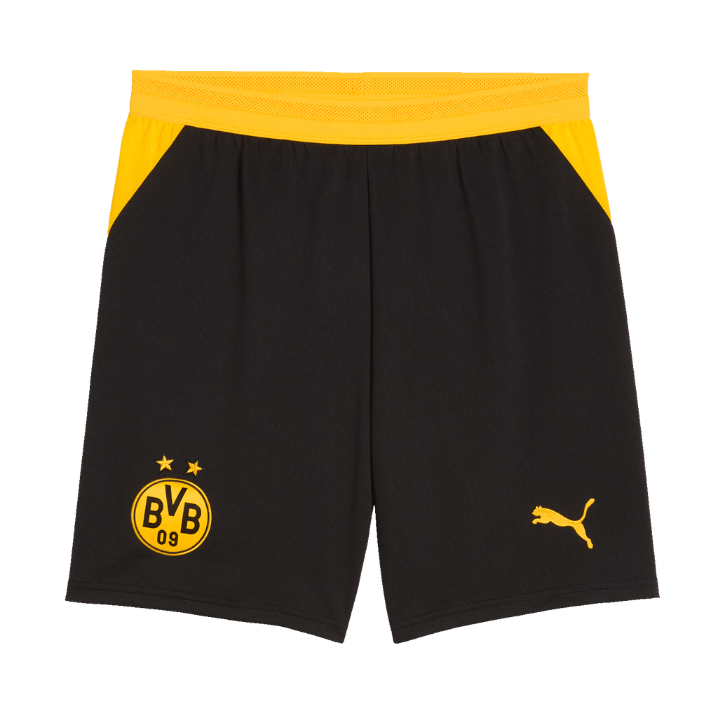 Pantalones de fútbol del BVB en negro y amarillo, con cintura amarilla, el escudo del BVB y el logotipo de PUMA, ideales para aficionados y actividades deportivas.