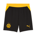 Pantalones de fútbol del BVB en negro y amarillo, con cintura amarilla, el escudo del BVB y el logotipo de PUMA, ideales para aficionados y actividades deportivas.