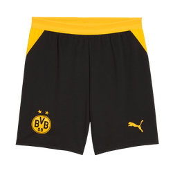 Pantaloncini da calcio del BVB nei colori nero e giallo, con fascia in vita gialla, stemma del BVB e logo PUMA, ideali per i tifosi e per le attività sportive.