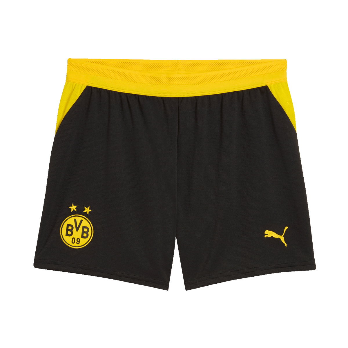 Schwarze Trikothose für Frauen mit gelben Kontrastelementen, BVB-Emblem auf dem linken Bein und PUMA-Logo auf dem rechten Bein, ideal für Fans von Borussia Dortmund.