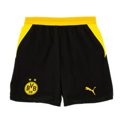 来自Authentic 26-27系列的黑黄配色多特蒙德（BVB）球裤，印有BVB标志和PUMA标志，正面视图。