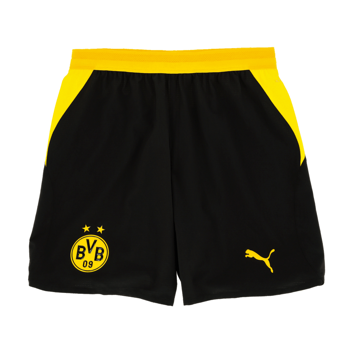 来自Authentic 26-27系列的黑黄配色多特蒙德（BVB）球裤，印有BVB标志和PUMA标志，正面视图。