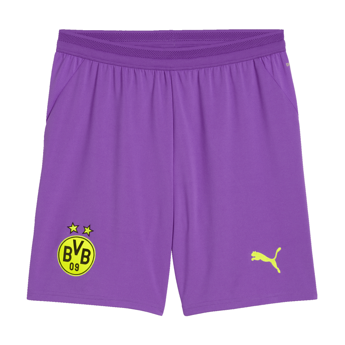 Pantaloni da gioco viola, divisa alternativa della stagione 26/27, con il logo del BVB e il logo Puma giallo sul davanti.