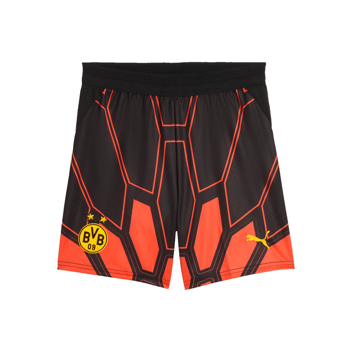 Kinder-Torwarttrikothose des BVB in rot-schwarz mit geometrischem Muster, BVB-Logo auf der Vorderseite und gelbem PUMA-Logo.