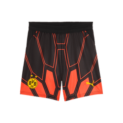 Pantalones de portero para niño del BVB en rojo y negro con un estampado geométrico, el logotipo del BVB en la parte delantera y el logotipo amarillo de PUMA.