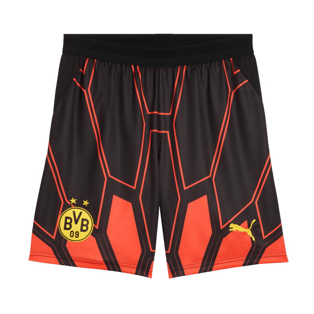 Pantalones negros de portero con diseño en rojo y negro, con el escudo del BVB en amarillo y el logotipo de Puma, aptos para la temporada 26-27.