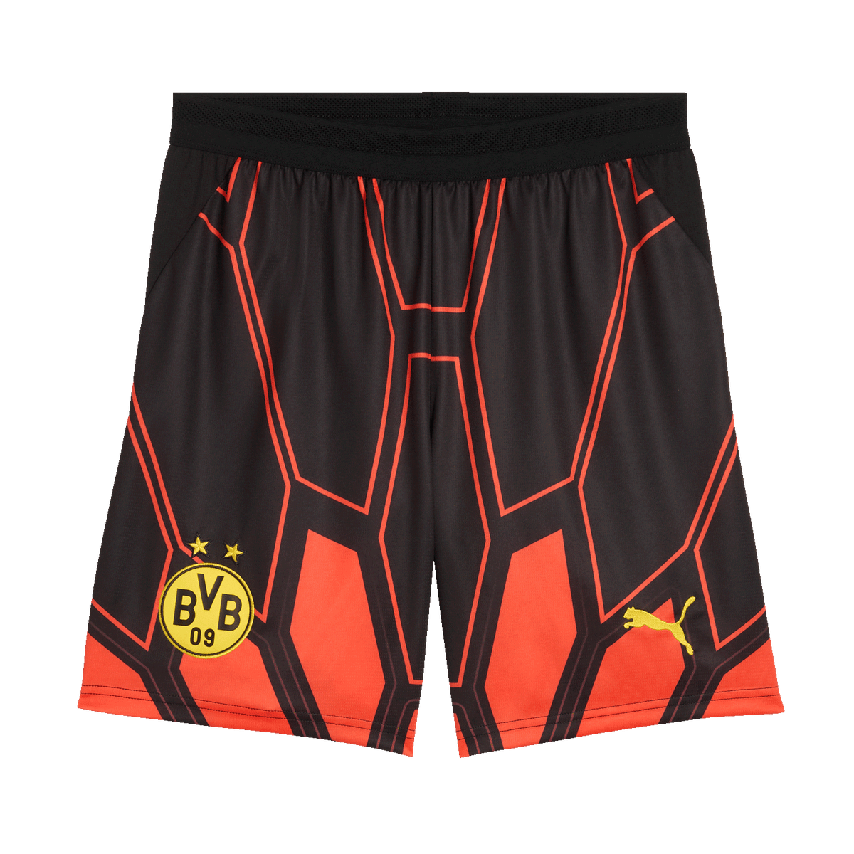 Pantalones negros de portero con diseño en rojo y negro, con el escudo del BVB en amarillo y el logotipo de Puma, aptos para la temporada 26-27.