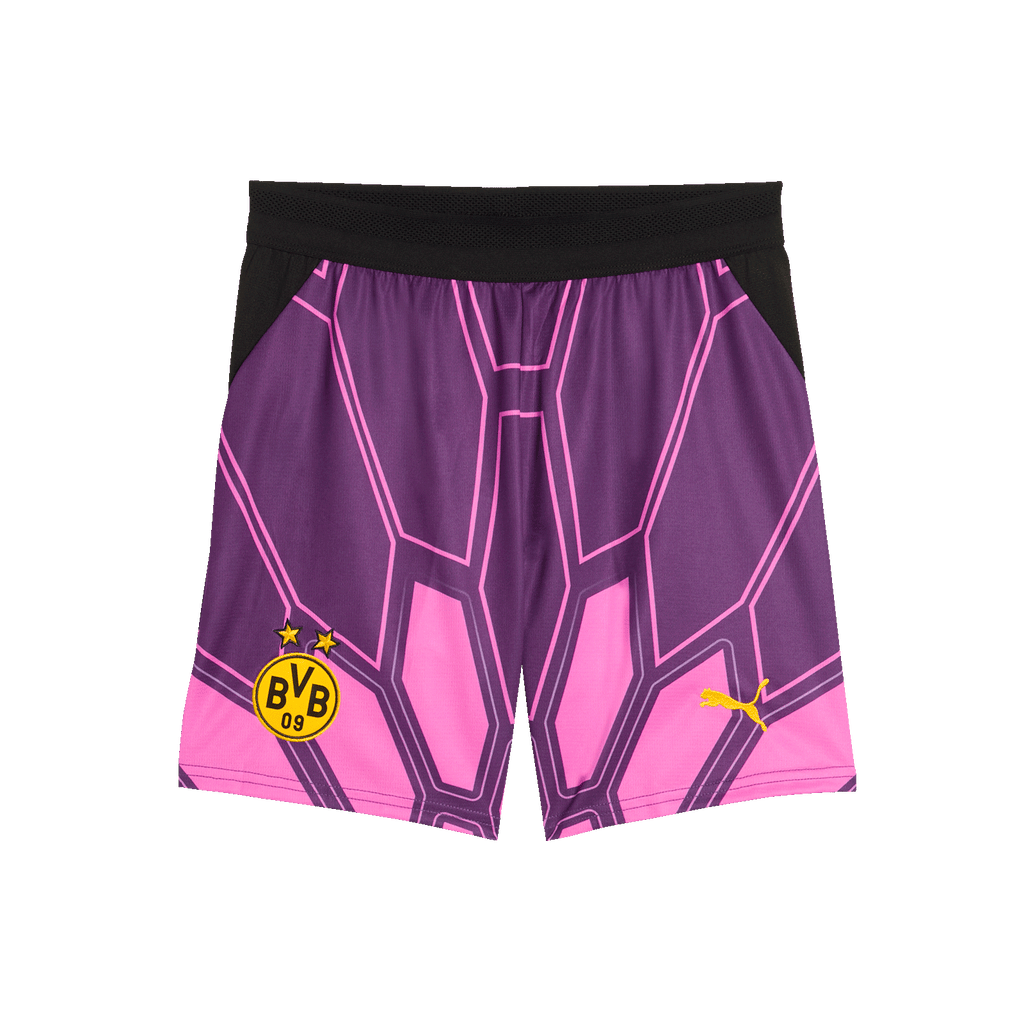 Lila-pinke Torwarttrikothose für Kinder, offizielle BVB-Merchandise, mit auffälligem grafischen Muster, BVB-Logo und PUMA-Logo.