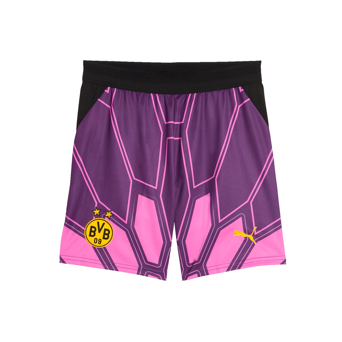 Pantalon de gardien de but violet-rose pour enfants, produit officiel du BVB, avec un motif graphique accrocheur, le logo du BVB et celui de PUMA.