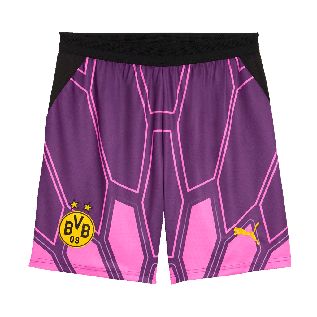 2026/2027赛季紫粉色多特蒙德（BVB）守门员球裤，配有PUMA标志和多特蒙德（BVB）队徽。