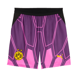 Pantalon de gardien de but du BVB violet-rose de la saison 2026/2027, avec le logo PUMA et l'emblème du BVB.