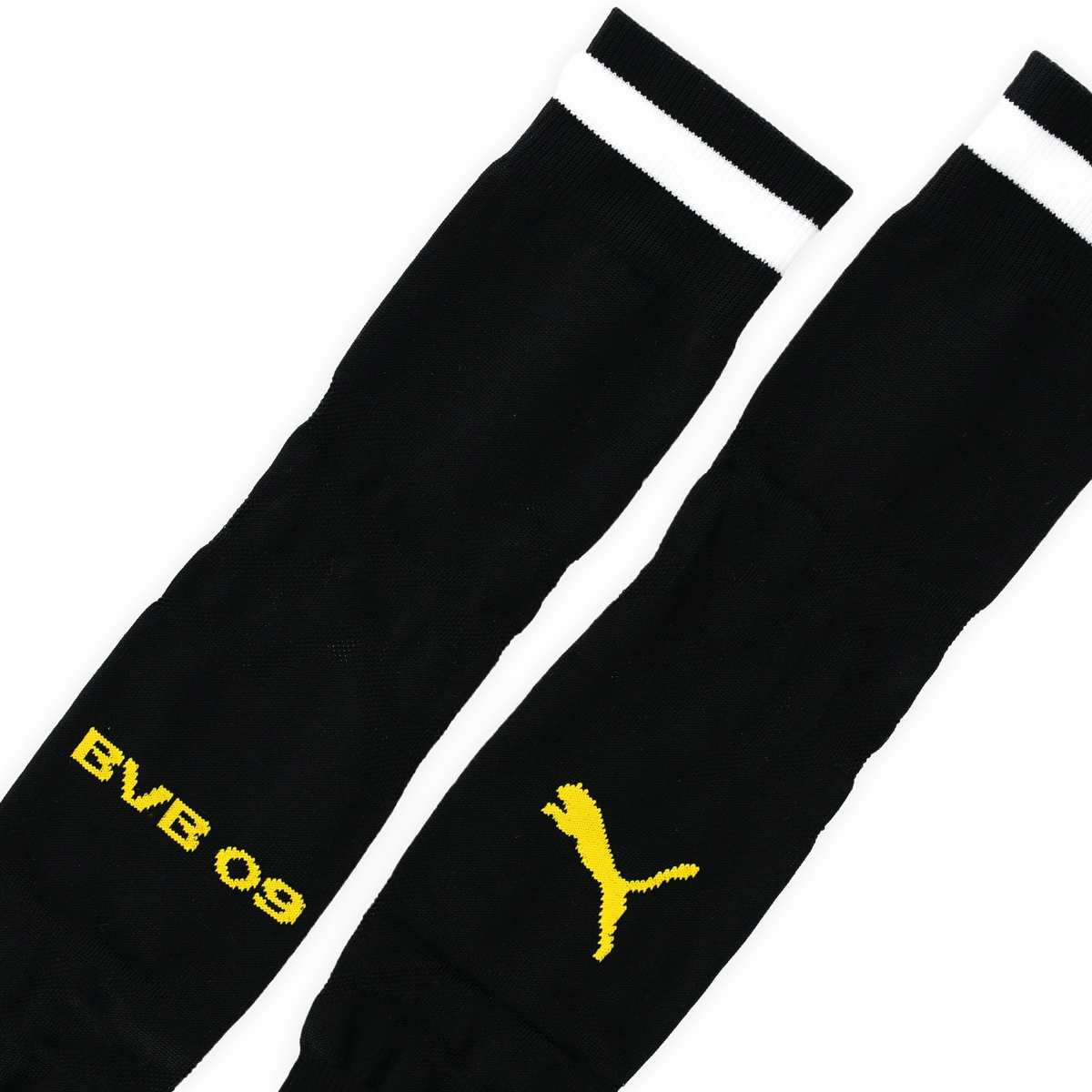 Schwarze BVB-Stutzen mit gelbem BVB-09-Schriftzug und gelbem Puma-Logo, Detailansicht für Borussia Dortmund Fanartikel.