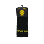 Schwarze BVB-Stutzen mit gelbem BVB 09-Schriftzug, in Originalverpackung mit Puma-Logo und BVB-Design.