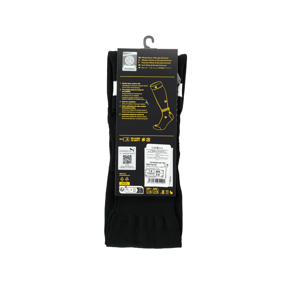 Schwarze BVB-Stutzen mit Verpackung, gut sichtbar mit Produktinformationen, BVB-Logo und Puma-Logo. Offizieller Borussia-Dortmund-Fanartikel für Fußball.