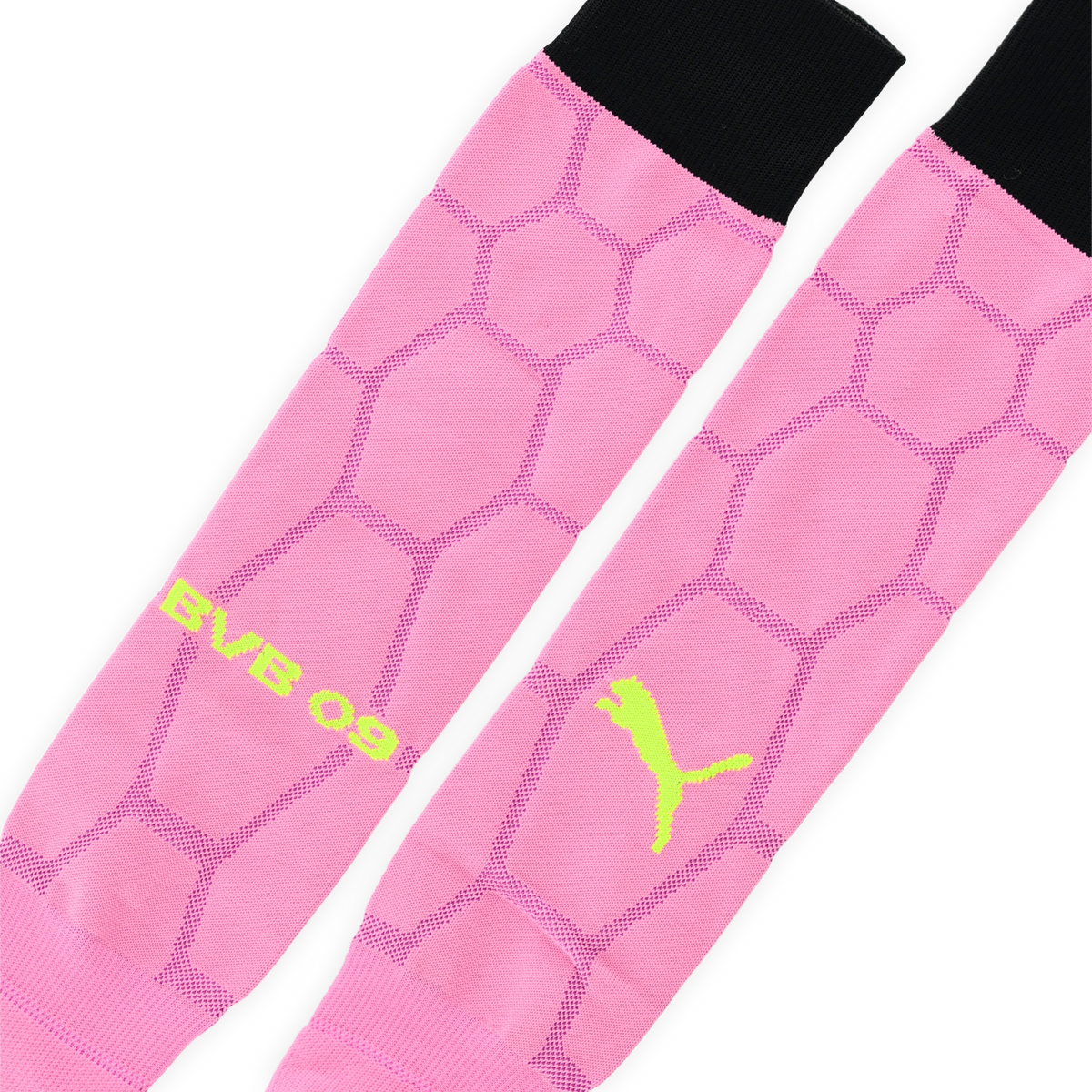 Torwart Stutzen in lila-pink mit modernem Wabenmuster, schwarzem Bund, BVB 09 und Puma-Logo in gelber Schrift, ideal für Fans und Spieler.