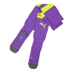 Purple BVB socks with yellow accents and the Puma logo, alternate design. Official Borussia Dortmund fan merchandise.