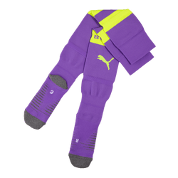 Calcetines morados del BVB con detalles en amarillo y el logotipo de Puma, diseño alternativo. Producto oficial para aficionados del Borussia Dortmund.