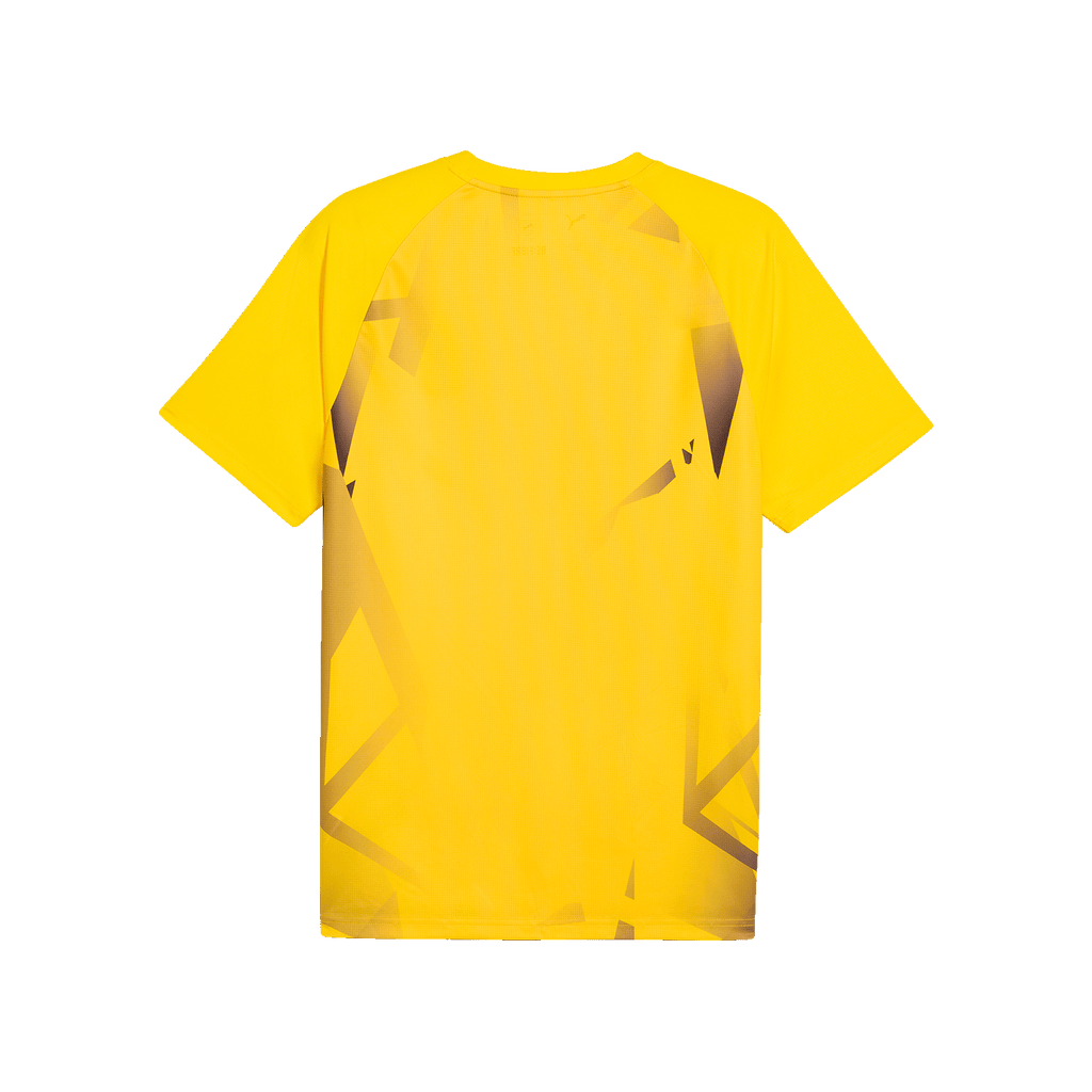 Back view of the yellow BVB warm-up T-shirt for kids from the 2026–2027 season, featuring graphic design elements and short sleeves.