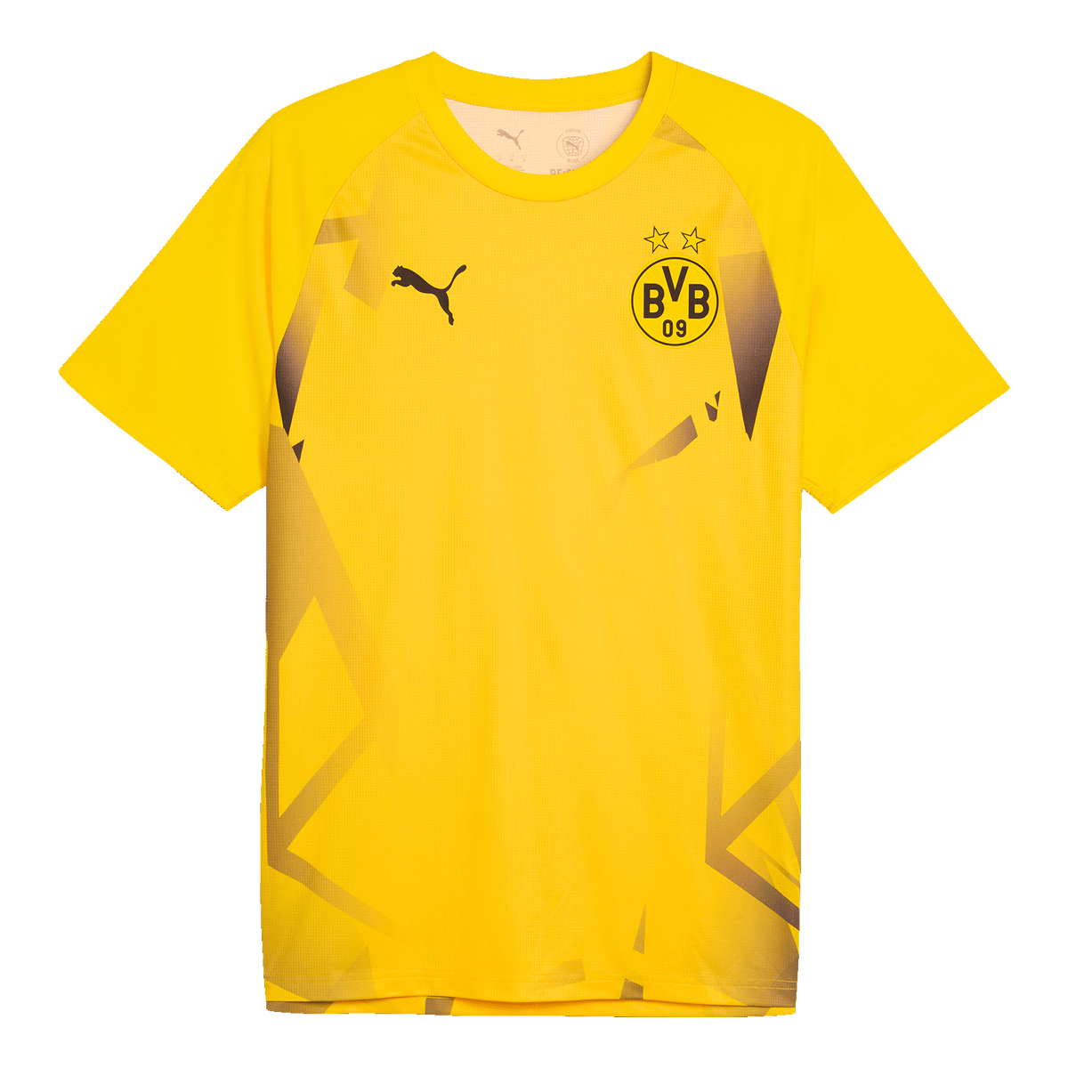 Yellow BVB warm-up T-shirt from the 2026/27 season with a black BVB emblem, two stars, and the PUMA logo on the front.