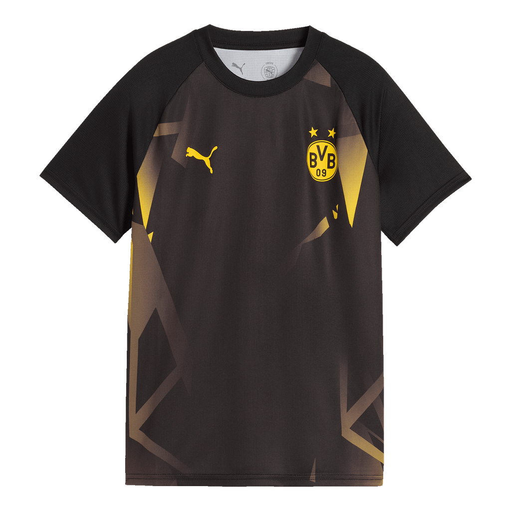 Schwarzgelbes BVB Warm Up T-Shirt der Saison 2026/27. Mit BVB-Logo, PUMA-Logo und modernem Design. Perfekt für Fans und Training.